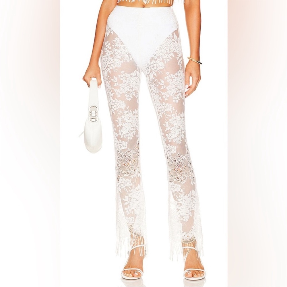 MAJORELLE White Sheer Lace Fringe Pants